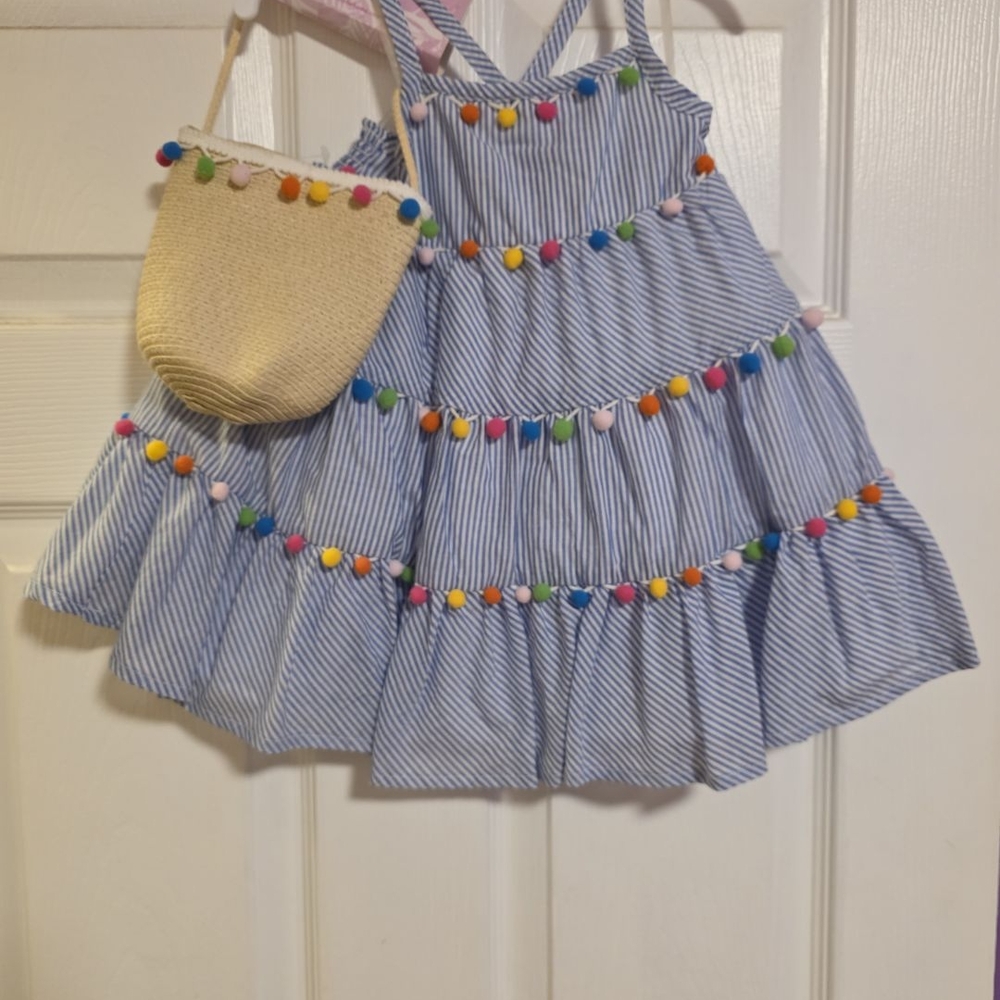 Tommy Bahama Blue Striped Kids Dress with Pom Poms & Purse
